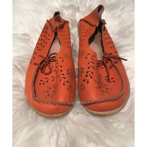 Hand Made Leather Orange Floral Laser Cut Moccasin  Loafers 27cm US11.5